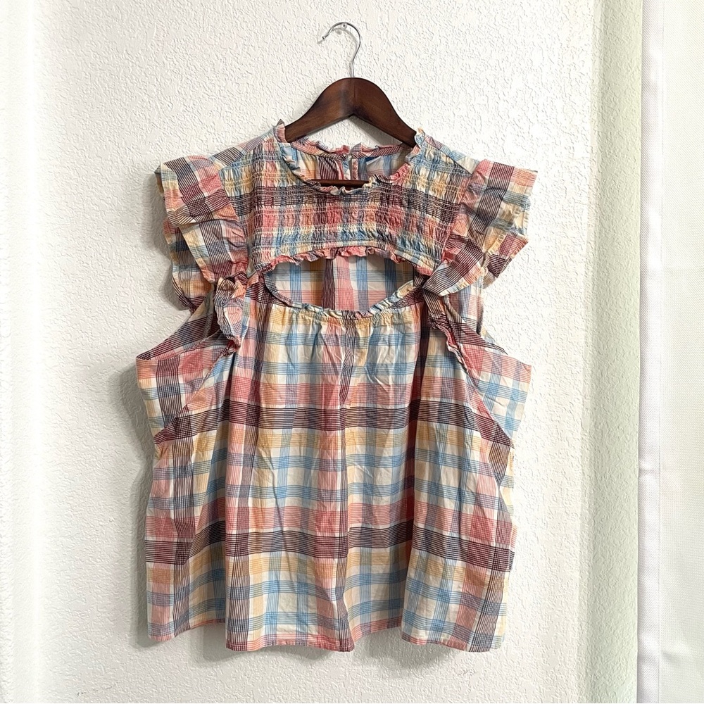 Old Navy Womens Shirt Blouse Multicolor Plaid Smocked cotton Blend Size XL